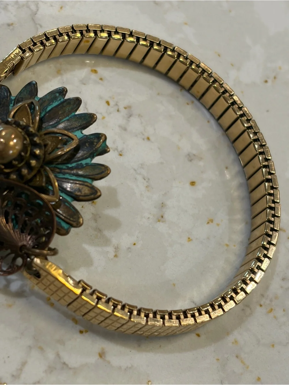 Antique Gold Floral Bracelet with Turquoise Patina Accents